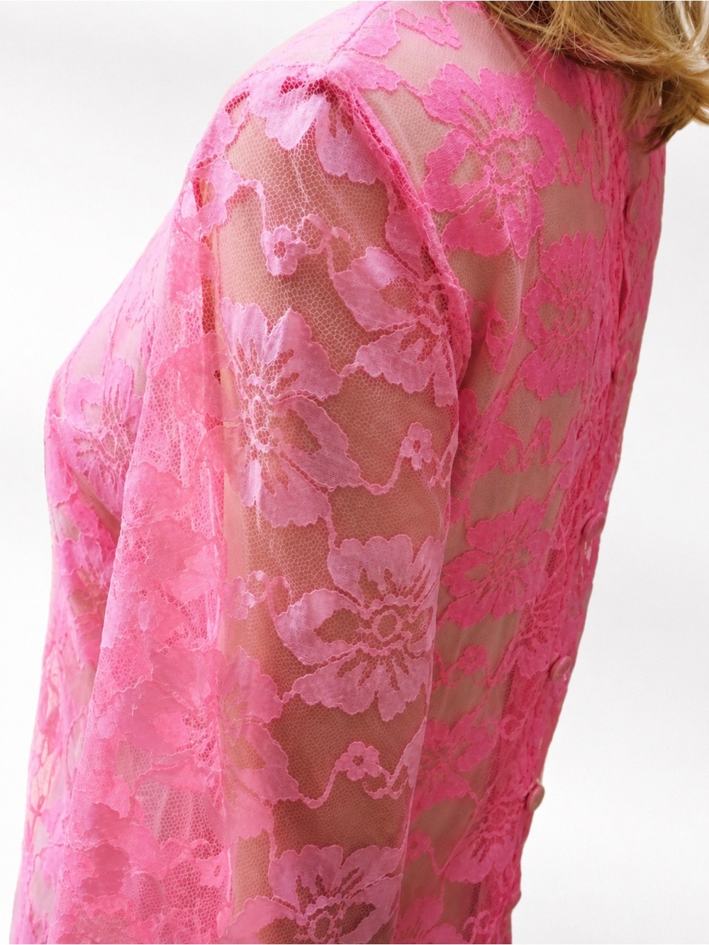VTG 60s Neon Hot Pink Floral Lace Shift Mini Dress • Nude Slip • 3/4 Sleeve • S - Picture 5 of 16